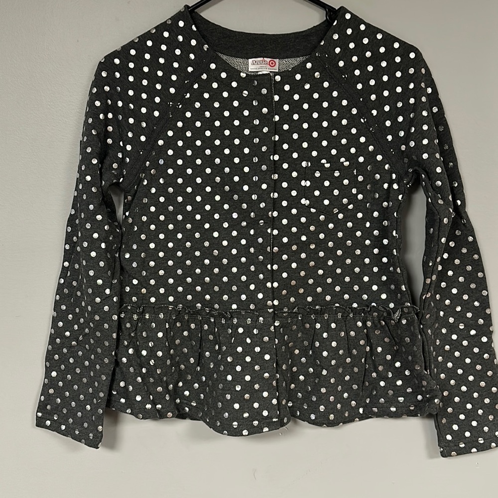 Annie Target Dark Gray with Silver Dots Knit Snap Front Top, NWOT,  L (10 / 12)